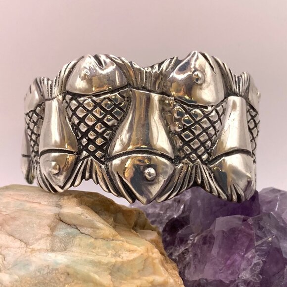 FISH Cuff Bracelet Vintage 80's Taxco Mexico Sterling Silver 925 Small Size J789